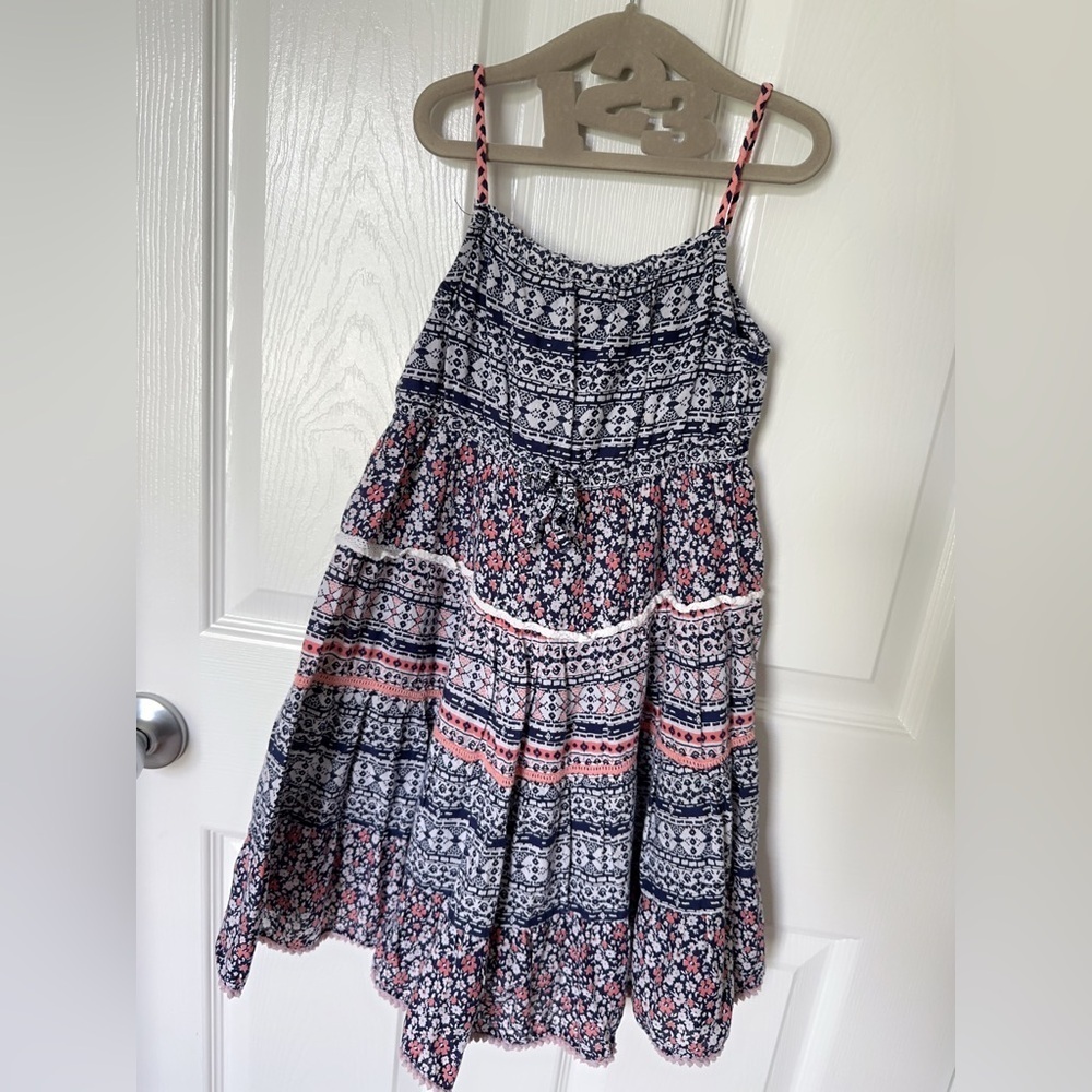 Navy and Pink Patterned Kids Dress - Picture 2 of 9